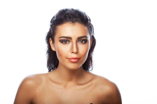 young pretty caucasian brunette woman posing cheerful on white background isolated, lifestyle people concept close up