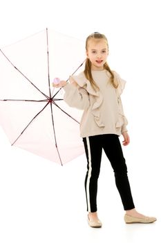 Beautiful little girl with umbrella. Concept of weather, climate change. Isolated on white background