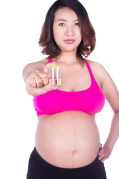 Pregnant woman with urine bottle  isolated on white background