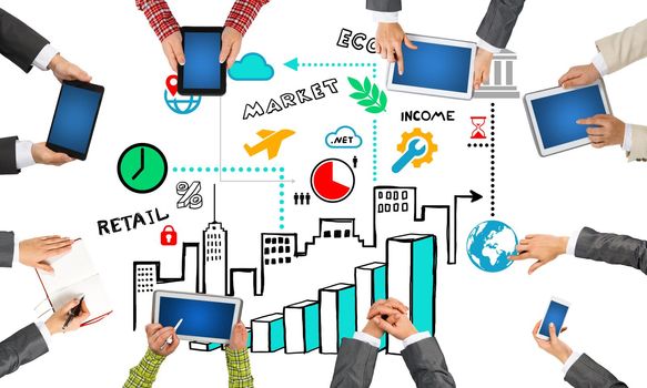 Group of people with devices in hands working together as symbol of networking and communication