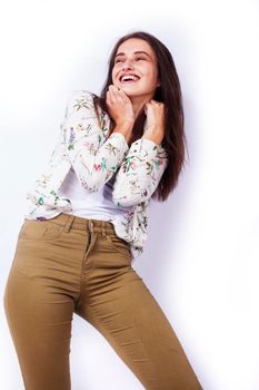 young pretty teenage hipster girl posing emotional happy smiling on white background, lifestyle people concept close up