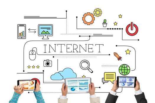 Group of three people with devices in hands working together as symbol of networking and communication