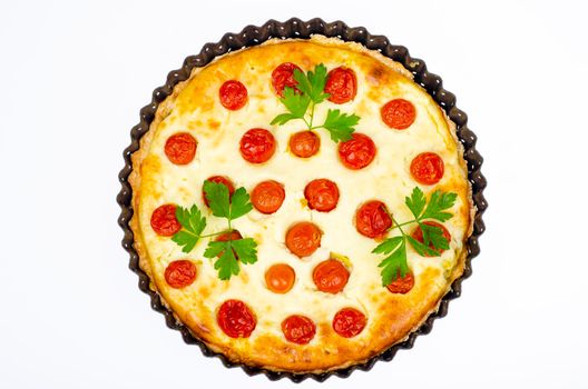 Homemade baking. Cherry tomato snack pie. Studio Photo