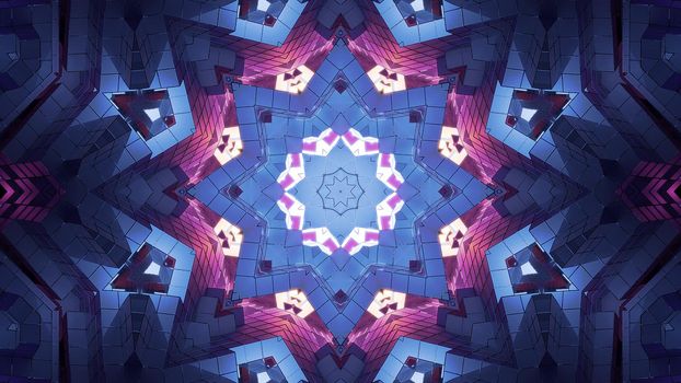 4K UHD 3D illustration of colorful star shaped tunnel formed with pink and blue neon geometric crystals