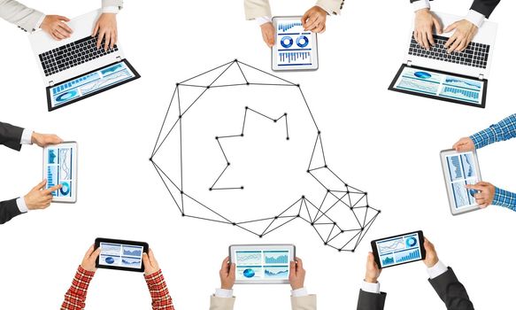 Group of people with devices in hands working together as symbol of networking and communication