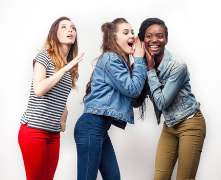 diverse multi nation girls group, teenage friends company cheerful having fun, happy smiling, cute posing isolated on white background, lifestyle people concept, african-american and caucasian close up