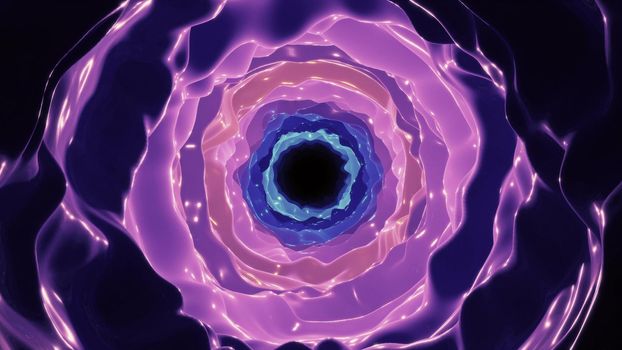 4K UHD 3D illustration of abstract wavy swirls glowing with purple neon light and forming tunnel