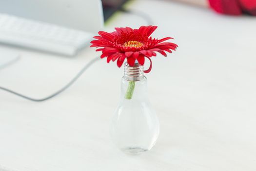 Designer workspace with gerbera flower and computer. Minimalistic home office