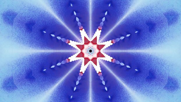 4K UHD 3D illustration of vivid star shaped ornament shimmering with neon light on blue background