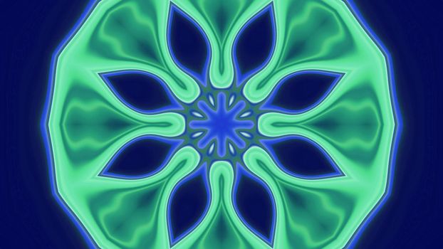 3d illustration of 4K UHD abstract background of flower shaped symmetric corridor with blue and green neon illumination