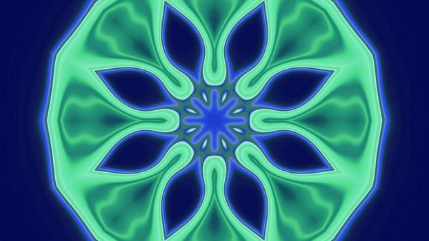 3d illustration of 4K UHD abstract background of flower shaped symmetric corridor with blue and green neon illumination