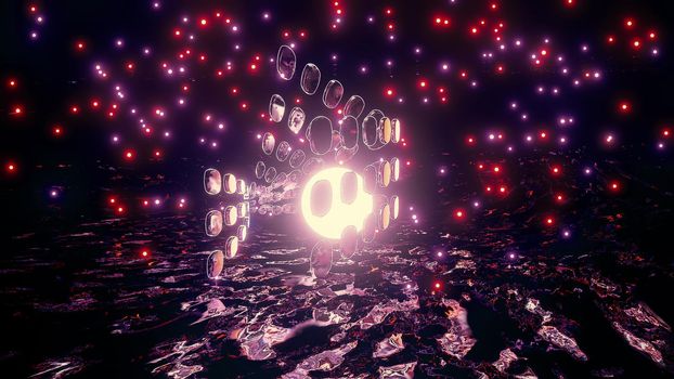 Abstract dynamic sci fi background 4k UHD 3d illustration with red and purple neon sparkles and geometric particles flowing in darkness with bright sphere in center