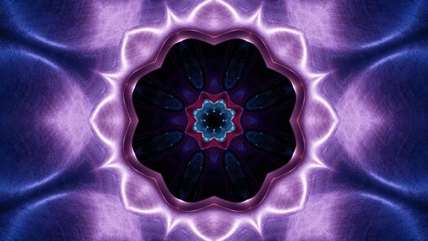 3d illustration of 4K UHD abstract background of geometric tunnel with flower shaped ornament glowing with purple neon light