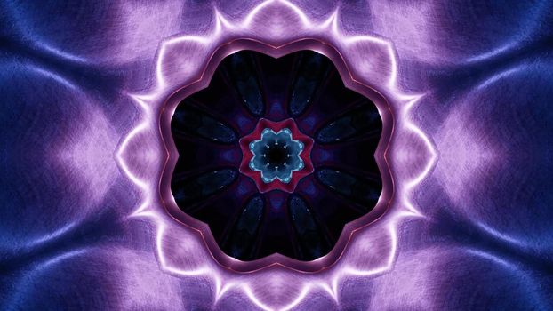 3d illustration of 4K UHD abstract background of geometric tunnel with flower shaped ornament glowing with purple neon light