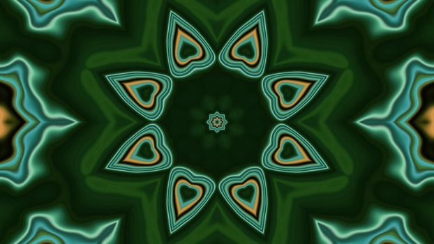 3d illustration of 4K UHD abstract background of symmetric star shaped corridor with kaleidoscopic pattern with neon colors