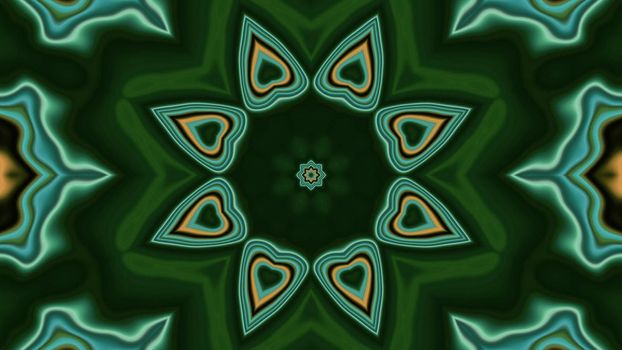 3d illustration of 4K UHD abstract background of symmetric star shaped corridor with kaleidoscopic pattern with neon colors