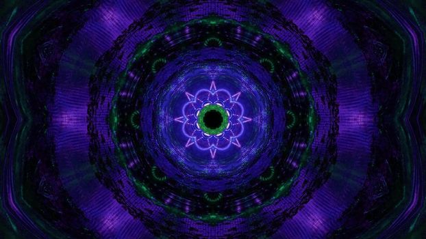 3d illustration of 4K UHD abstract background of symmetric ornamental tunnel illuminated by blue and green neon colors