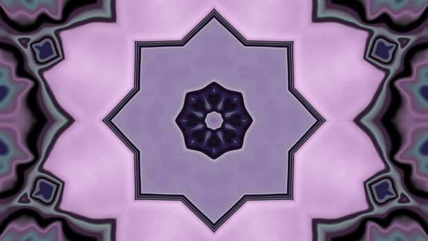 4K UHD 3D illustration of symmetric star shaped ornament glowing with purple neon light