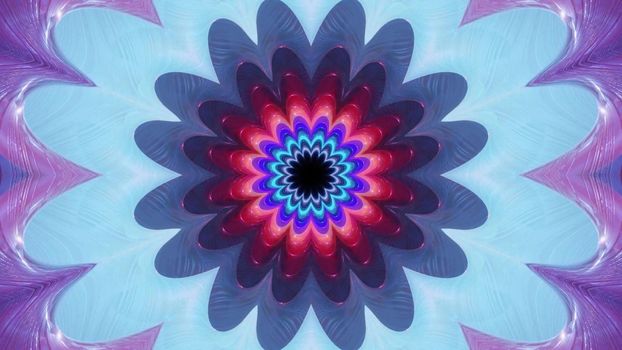 3d illustration of 4K UHD abstract background of symmetric endless corridor in shape of flower illuminated with neon lights