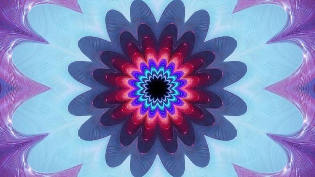 3d illustration of 4K UHD abstract background of symmetric endless corridor in shape of flower illuminated with neon lights