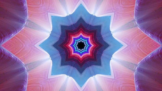 3d illustration of 4K UHD abstract background of vivid star shaped tunnel glowing with neon colors