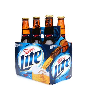 IRVINE, CA - MAY 25, 2014: A 6 pack of Miller Light beer, 3/4 view. Produced by MillerCoors, Miller Lite was introduced in 1975 and quickly became the number two brand in America.