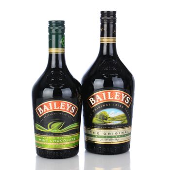 IRVINE, CA - January 11, 2013: A bottle of Baileys Irish Cream and Mint Chocolate Liqueur. Baileys, introduced in 1974, was the first Irish Cream to be brought to market.