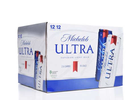 IRVINE, CA - AUGUST 6, 2018: Michelob Ultra beer 12 pack. A a low carb and low calorie light beer from Anheuser-Busch. 