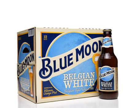 IRVINE, CALFORNIA - FEBRUARY 17, 2019: Blue Moon Belgian White Ale 12 pack bottles from Tenth and Blake Beer Company, the craft / import division of Chicago-based MillerCoors.