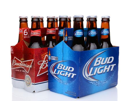 IRVINE, CA - MAY 27, 2014: A 6 pack of Bud Light and Budweiser beers. From Anheuser-Busch InBev, Bud Light is the number selling one domestic beer in the United States.
