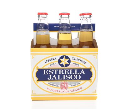 IRVINE, CALIFORNIA - MARCH 21, 2018: Six pack of Estrella Jalisco Beer side view. Estrella Jalisco is a American Lager style beer brewed by Grupo Modelo,