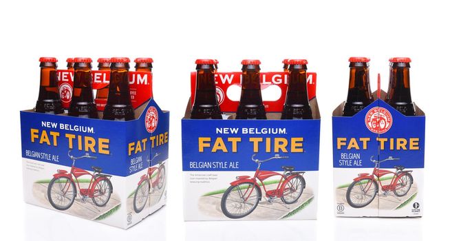 IRVINE, CALIFORNIA - December 14, 2017: Fat Tire Amber Ale 6 pack three views, end, side and 3/4.