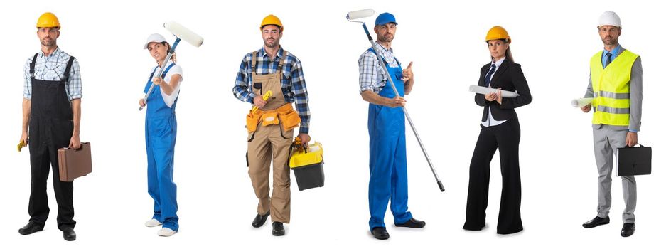 Set of professional construction workers people. Contractor architect house painter isolated over white background.