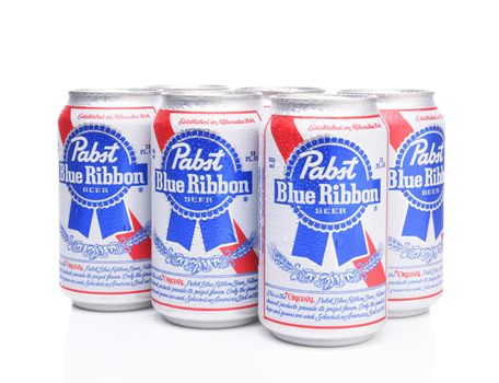 IRVINE, CALIFORNIA - MARCH 16, 2017: Pabst Blue Ribbon Beer. Six cans of the American brand introduced in 1884 in Milwaukee, currently based in Los Angeles. 