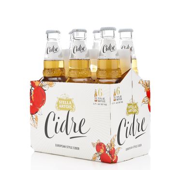 IRVINE, CALIFORNIA - 2 JUNE 2020: Side / end view of a 6 pack of Stella Artois Cidre, European Style Hard Apple Cider.
