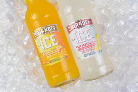 IRVINE, CA - JANUARY 4, 2018: Smirnoff Ice Original and Screwdriver. The Original Premium Flavored Malt Beverage with a delightfully crisp, citrus taste.