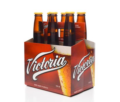 IRVINE, CALIFORNIA - DECEMBER 14, 2017: 6 pack of Victoria Beer Bottles side end view. Mexicos oldest beer brand. Victoria has been brewed consistently as a Vienna style lager for 145 years. 