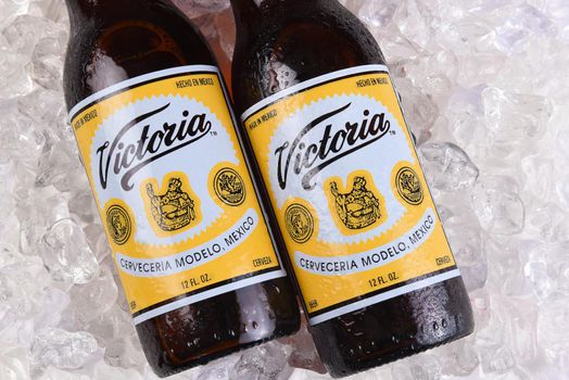 IRVINE, CALIFORNIA - MARCH 21, 2018: Two Victoria Beer bottles on ice. Mexicos oldest beer brand. Victoria has been brewed consistently as a Vienna style lager for 145 years. 