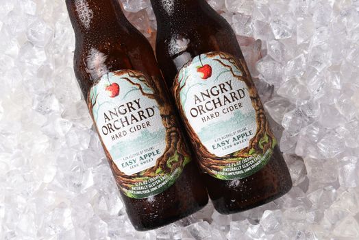 IRVINE, CALIFORNIA - OCTOBER 19, 2018: Two bottles of Angry Orchard Easy Apple Hard Cider on a bed of ice.