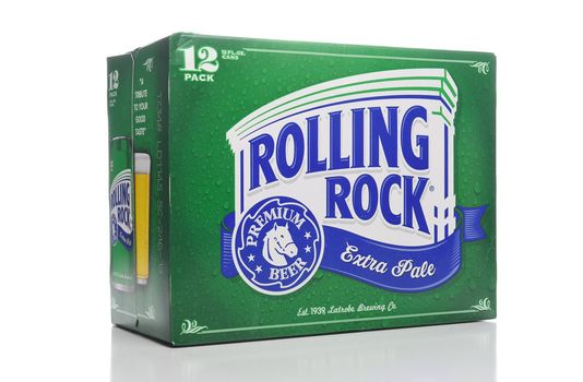 IRVINE, CALIFORNIA, FEBRUARY 7, 2018: Rolling Rock Extra Pale 12 pack cans. Founded in 1939 in Latrobe, Pennsylvania.