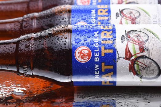 IRVINE, CALIFORNIA - MARCH 10,  2018: Fat Tire Amber Ale. Closeup of bottles of Fat Tire Amber Ale from the New Belgium Brewing Company, of Fort Collins, Colorado.