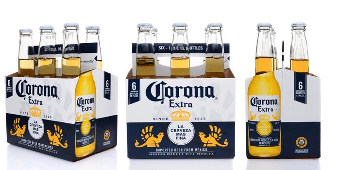 IRVINE, CA - MAY 25, 2014: A 6 pack of Corona Extra Beer, three views, End Side and 3/4.