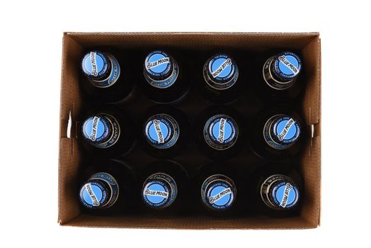 IRVINE, CALIFORNIA - 10 MAR 2020: High angle view of a 12 pack of Blue Moon Belgian White Ale with the lid removed.