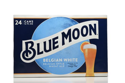 IRIVNE, CALIFORNIA - 17 JUL 2021: A 24 pack case of Blue Moon Belgian White Ale aluminum cans on white.