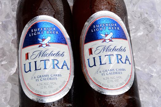IRVINE, CA - MAY 25, 2014: Two bottles of Michelob Ultra on a bed of ice. Introduced in 2002 Michelob Ultra is a light beer with reduced calories and carbohydrates, from Anheuser-Busch.