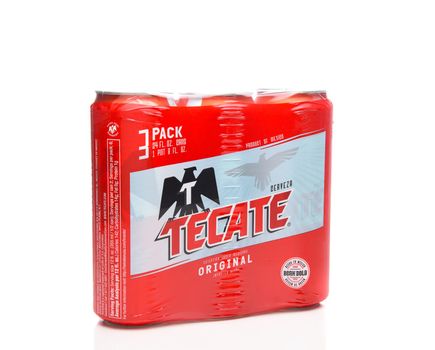 IRVINE, CALIFORNIA - MARCH 21, 2018: A 3 pack of Tecate Original Cerveza 24 ounce cans. Cuauhtemoc Moctezuma Brewery is a major brewer based in Monterrey, Nuevo Leon, Mexico, founded in 1890.