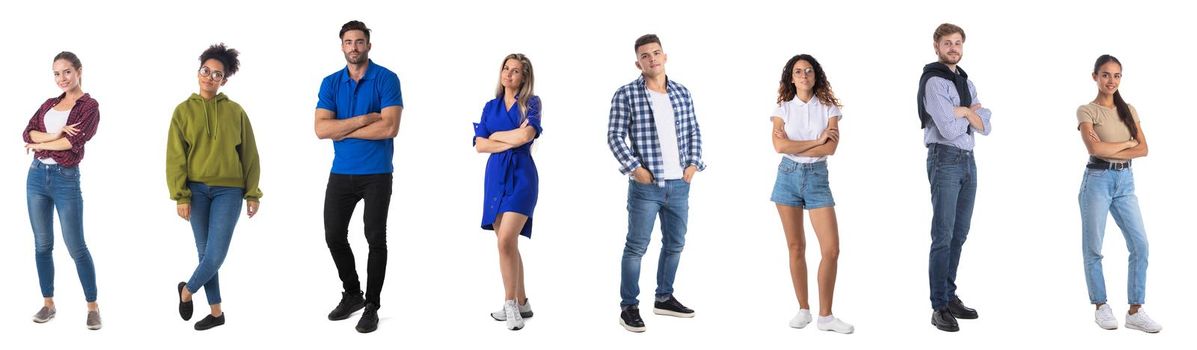 Set of full length portraits of casual people isolated on white background