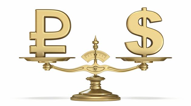 Rubles and dollar currencies sign on golden scale 3D render illustration isolated on white background