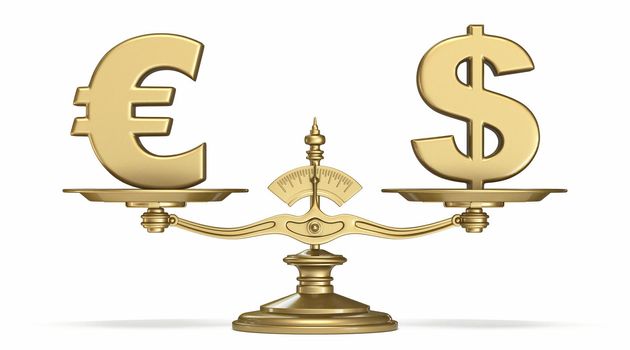 Euro and dollar currencies sign on golden scale 3D render illustration isolated on white background