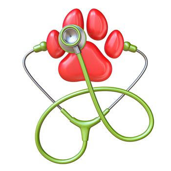 Stethoscope and red paw 3D render illustration isolated on white background